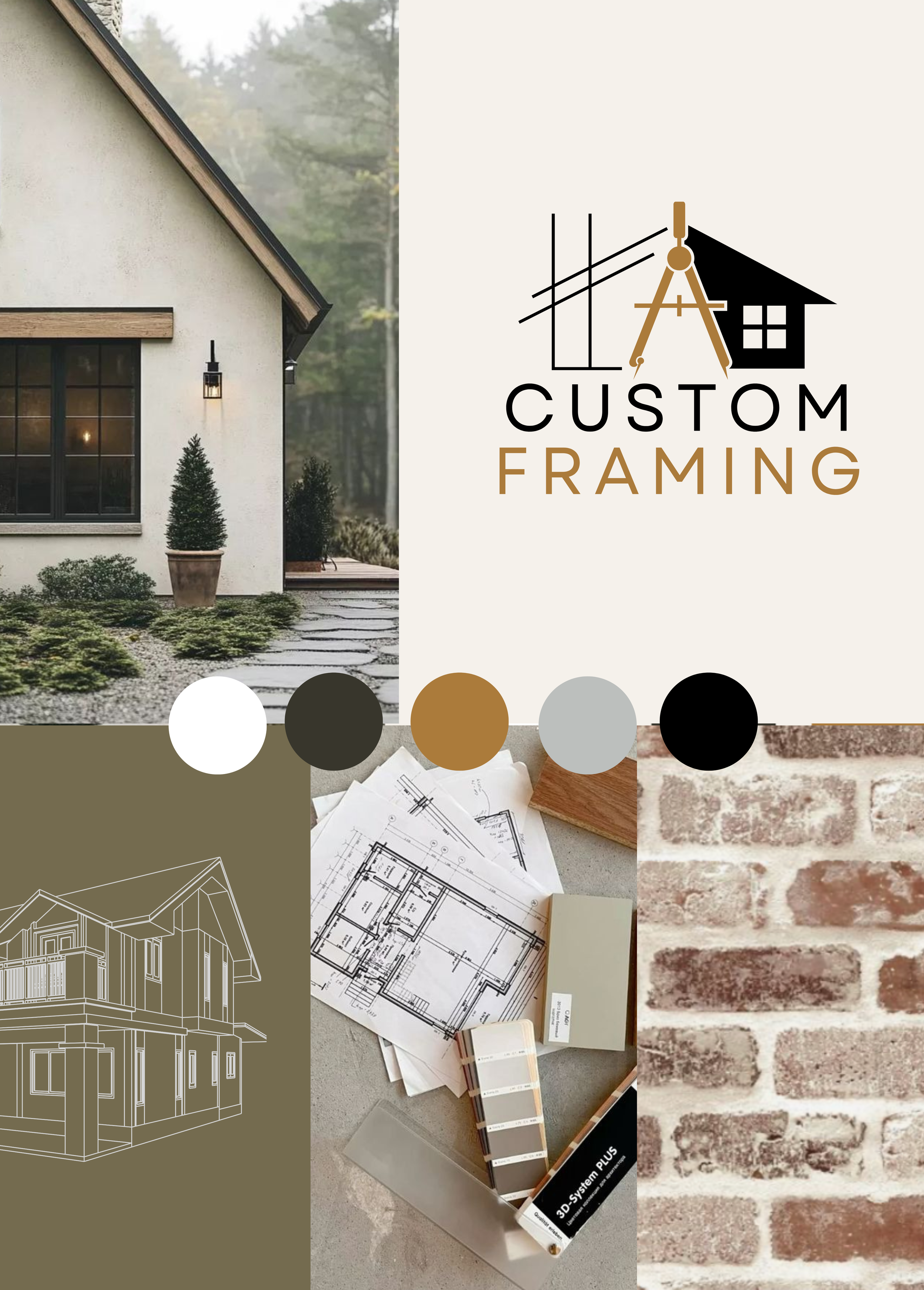 A logo for 'Custom Framing' featuring a house, window, and drafting tools, with a background of a house exterior, architectural plans, a brick wall sample, and paint color swatches.