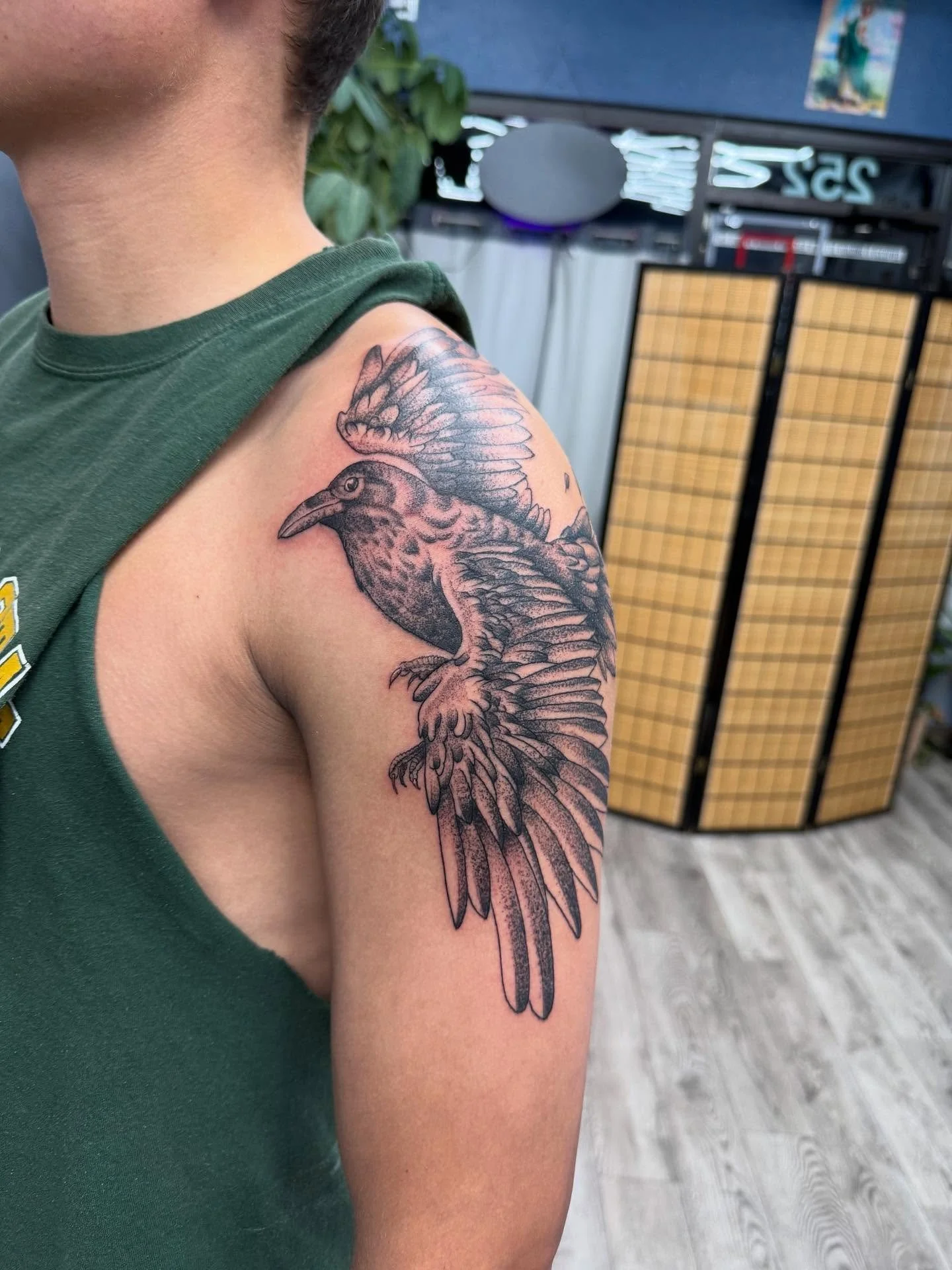 sexy lul custom crow for @owen_t3 with a cow skull for size reference🤠 (i think thats really funny) #crowtattoo #birdtattoo #blackandgrey 

#marioelijahtattoos #threetearstattoo #explorepage  #artistowned #localbusiness #supportlocal #coloradotattoo