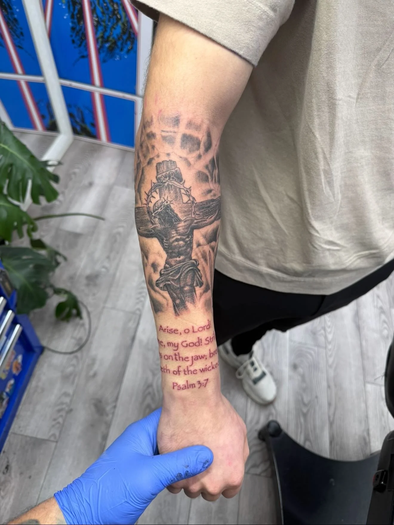 i think its only fitting we make the first post of the year this badass tattoo of our Lord and savior, Christ✝️ Psalm 3:7 half sleeve for @codycoz I hope everyone has a very blessed 2026! #christiantattoo #christiantattooartist #jesustattoo 

#marioe