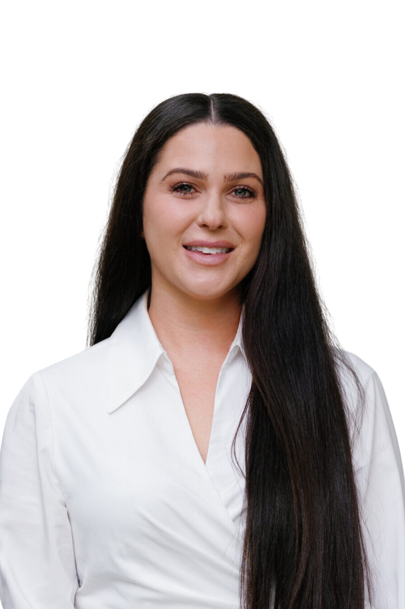 A woman with long dark hair wearing a white collared shirt, smiling at the camera.