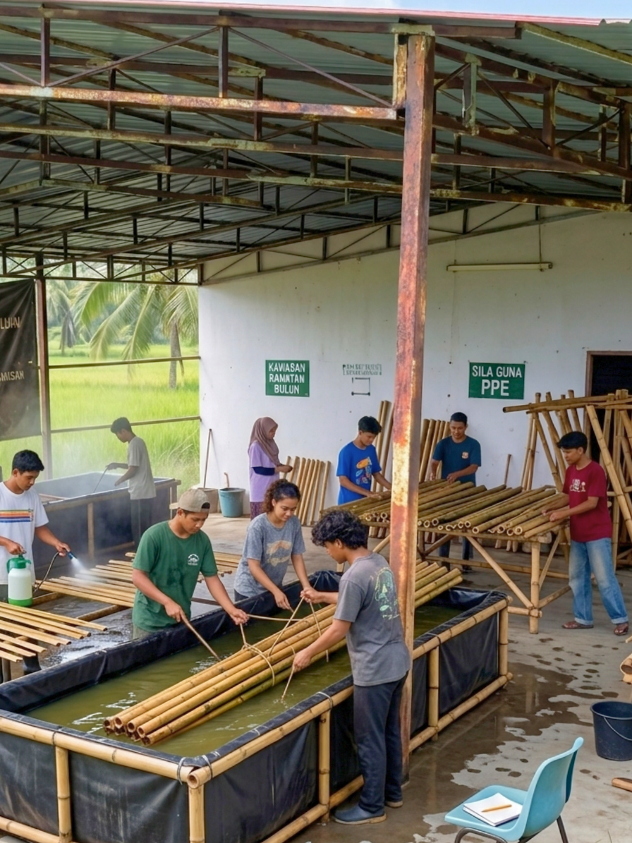 Group of people working with bamboo, preparing and cleaning bamboo poles at a workshop, with signs in the background indicating safety and area instructions.