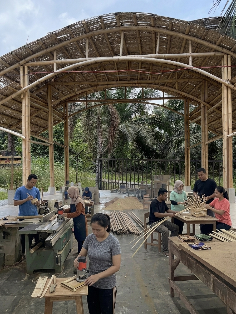 People working in a bamboo workshop, constructing bamboo furniture or craft items under a bamboo structure, surrounded by lush greenery.