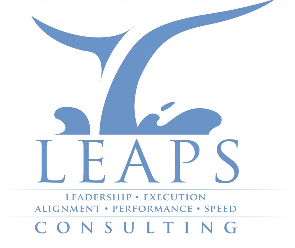 A stylized blue whale tail with the company name 'LEAPS' and words 'Leadership,' 'Execution,' 'Alignment,' 'Performance,' and 'Speed,' along with the word 'Consulting' underneath.