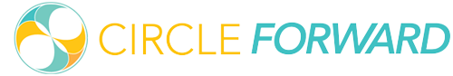 Logo with a circular design and the text 'CIRCLE FORWARD' with 'CIRCLE' in yellow and 'FORWARD' in blue.