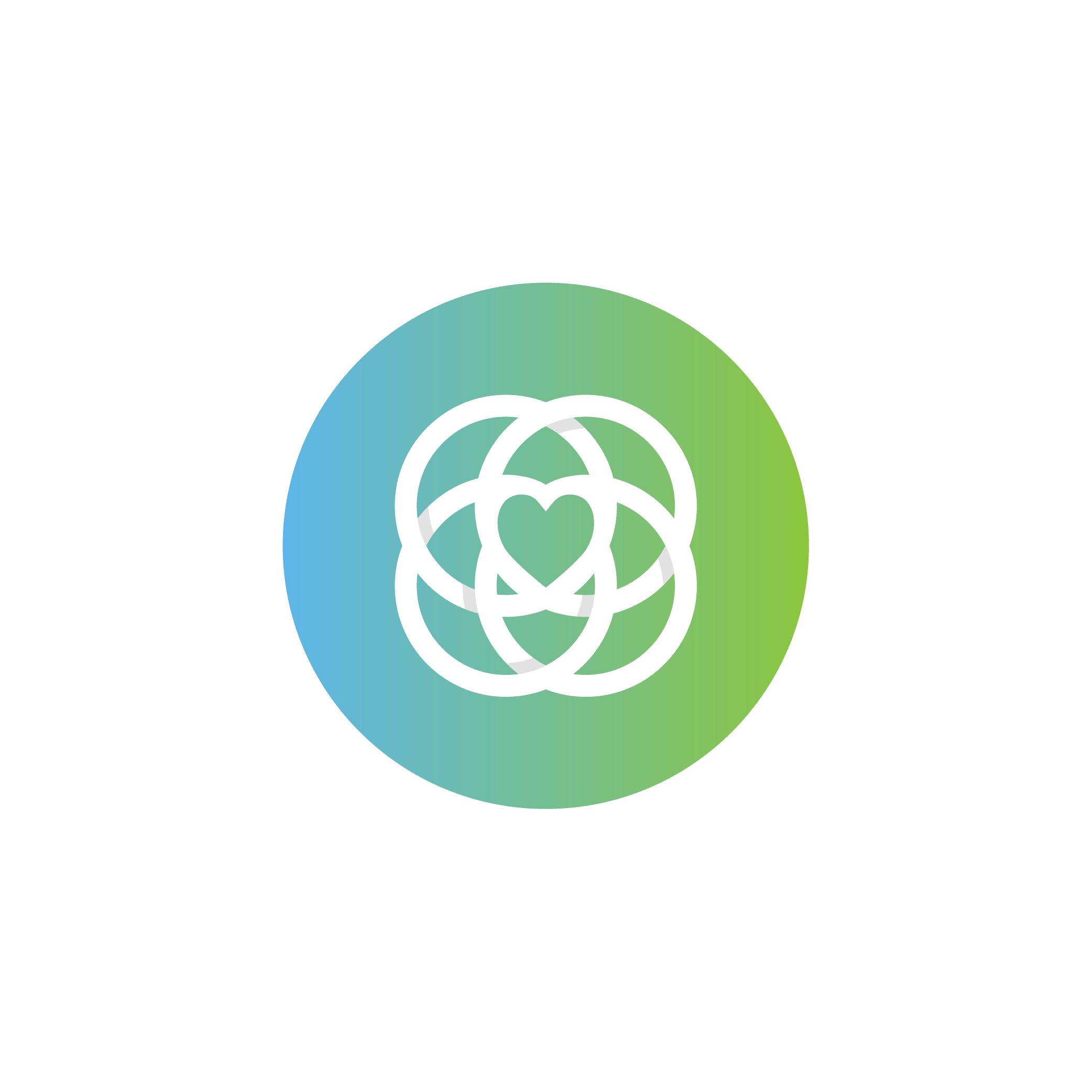 Logo with a circular gradient background fading from blue to green, featuring a white outline of a flower composed of intertwined loops with a heart at the center, and the words 'RECONCILIATION AND NUTRITIONIC EMBODIMENT' above it.