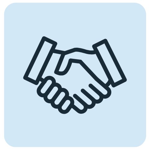 Ikon av ett handslag på en ljusblå bakgrund