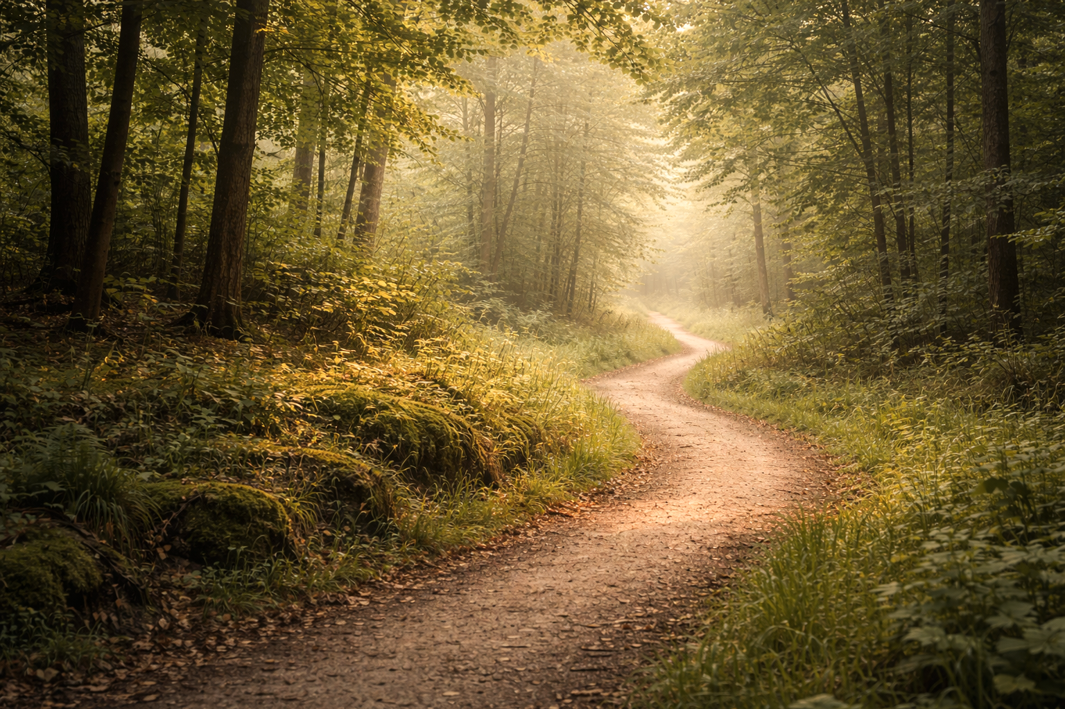 Winding dirt trail through a sunlit forest with tall trees and lush greenery, evoking reflection, growth and personal transformation.