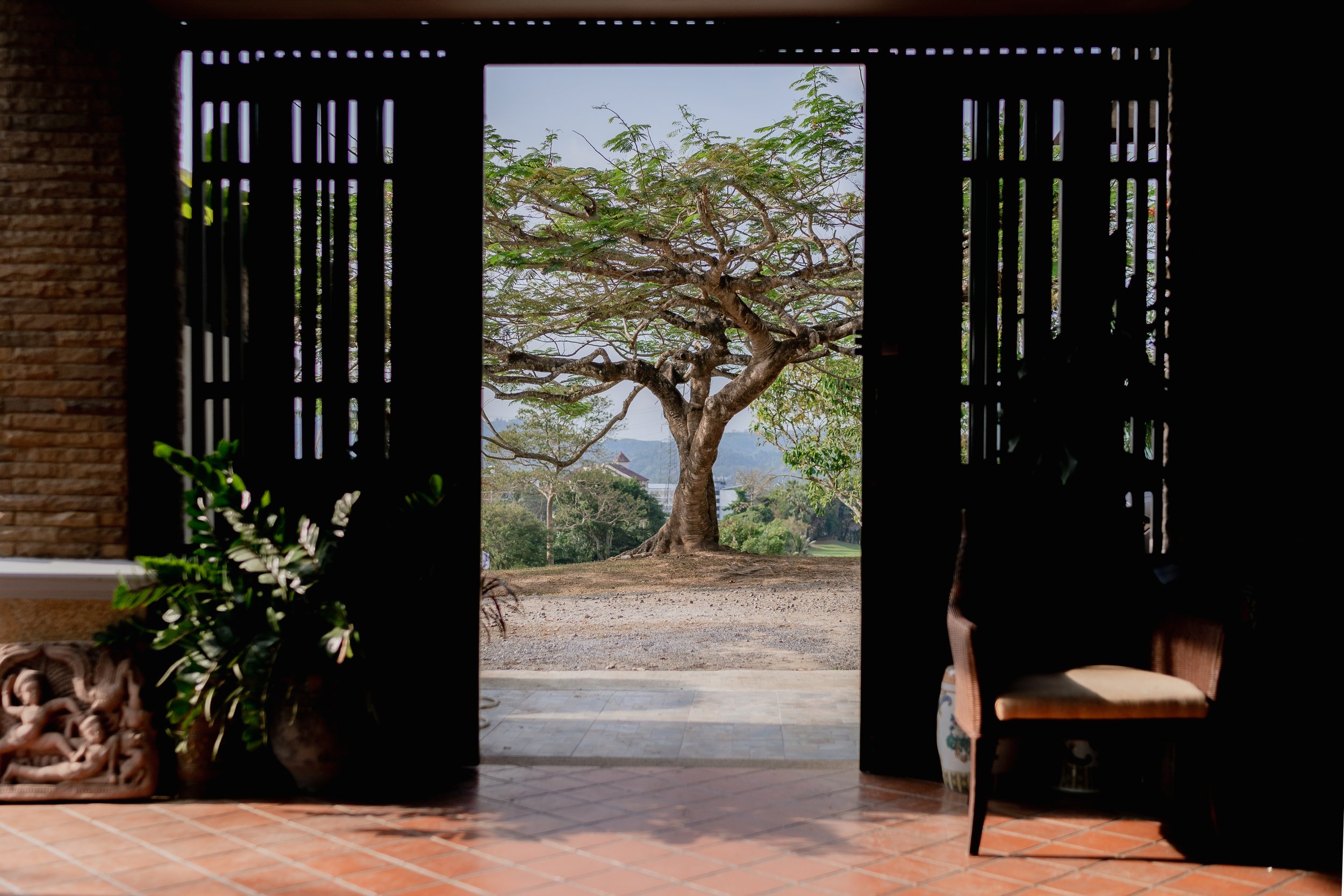 View through open black wooden double doors to a large tree with twisted branches outside. The interior features tiled floor, a potted plant, and a wooden chair with a cushioned seat.