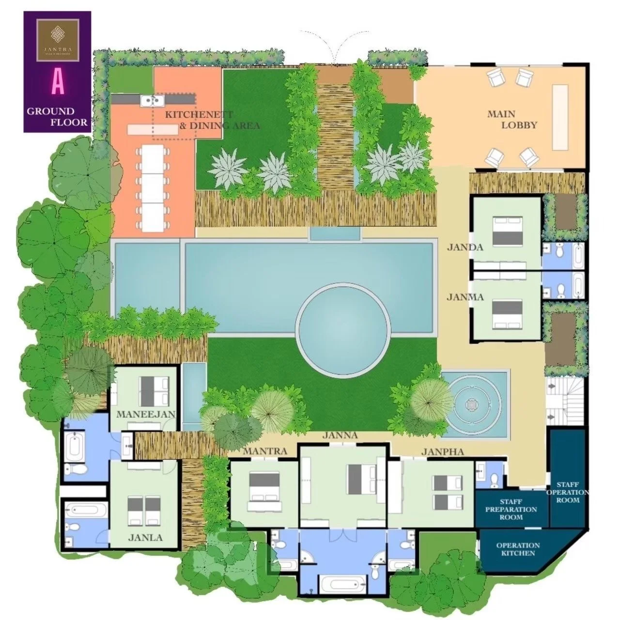 Floor plan of a resort with labeled areas including a main lobby, kitchen and dining area, outdoor pool, spa pool, living rooms, bathrooms, staff operation rooms, operation kitchen, and gardens with trees and greenery.