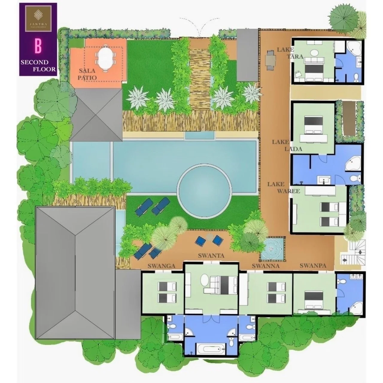 A detailed architectural site plan showing a residential property with multiple buildings, a large swimming pool, landscaped gardens, lounging areas, and labeled rooms including bedrooms, bathrooms, and outdoor patios.