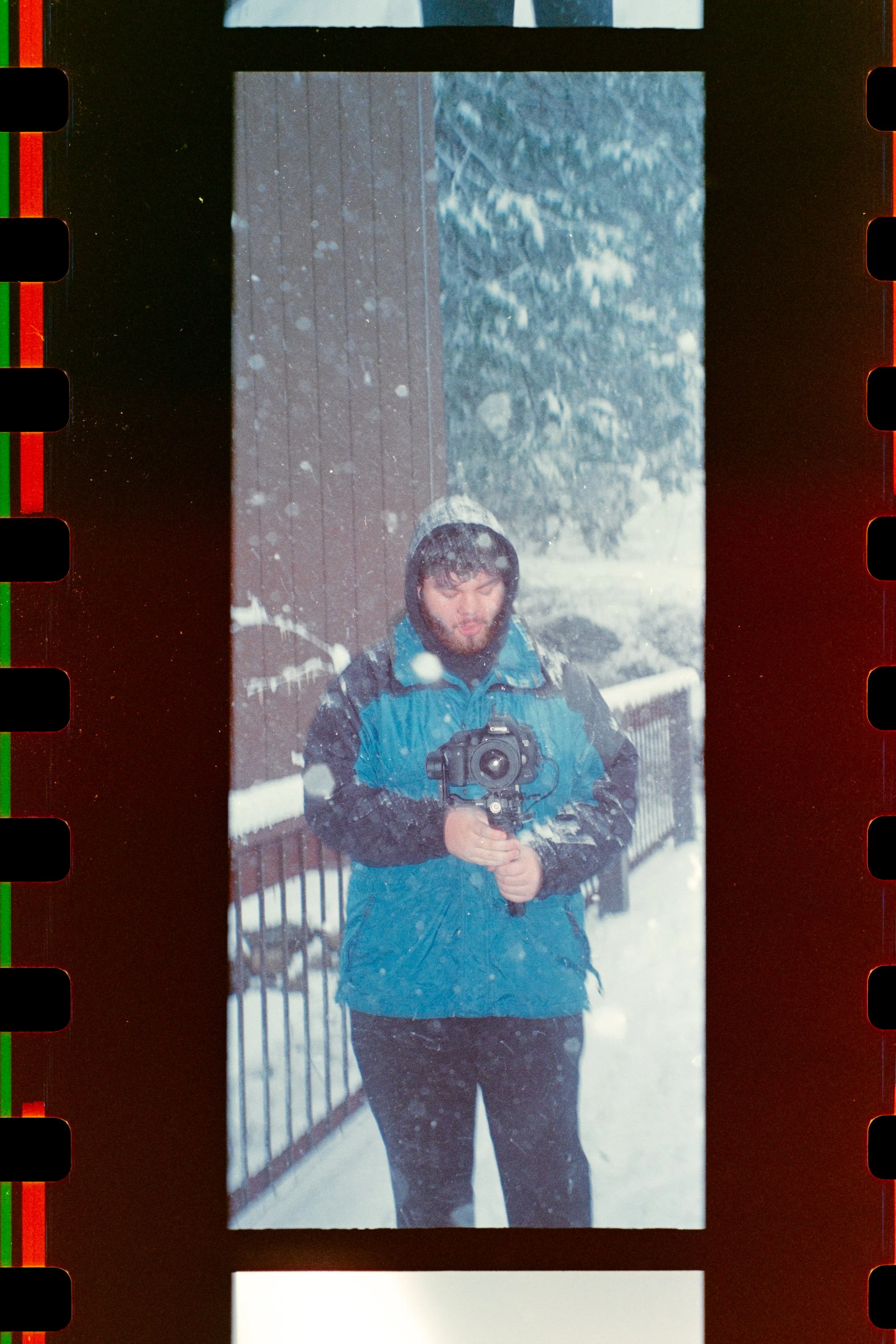 Person taking a photo in winter snow, holding camera, wearing blue jacket with hood, standing outdoors near a wooden fence and snow-covered trees.
