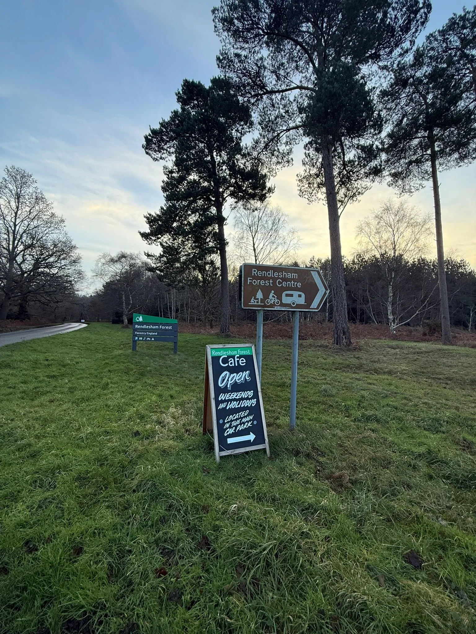 A road sign pointing towards Rendlesham Forest Centre with symbols for walking, cycling, and camping, and a chalkboard sign advertising a café in Rendlesham Forest that is open on weekends and holidays, located in a car park.