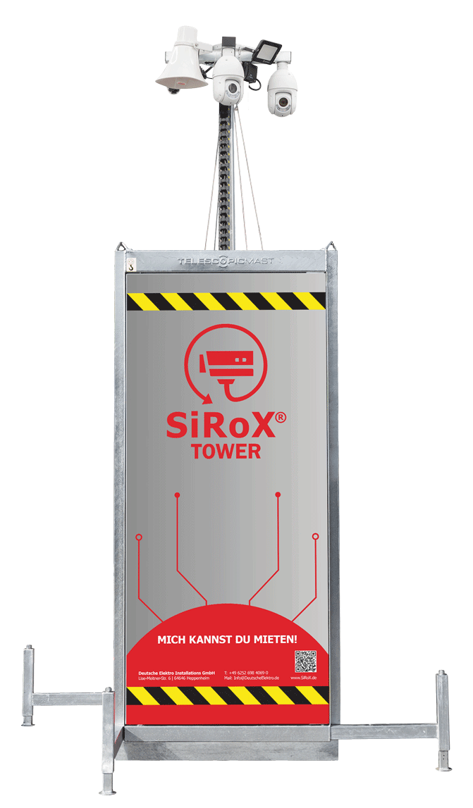 Ein Überwachungsturm für Veranstaltungen und Baustellen mit Hinweis "MICH KANNST DU MIETEN!" und einem QR-Code, ausgestattet mit einer Teleskopmasten-Konstruktion mit Überwachungskameras und anderem Equipment.