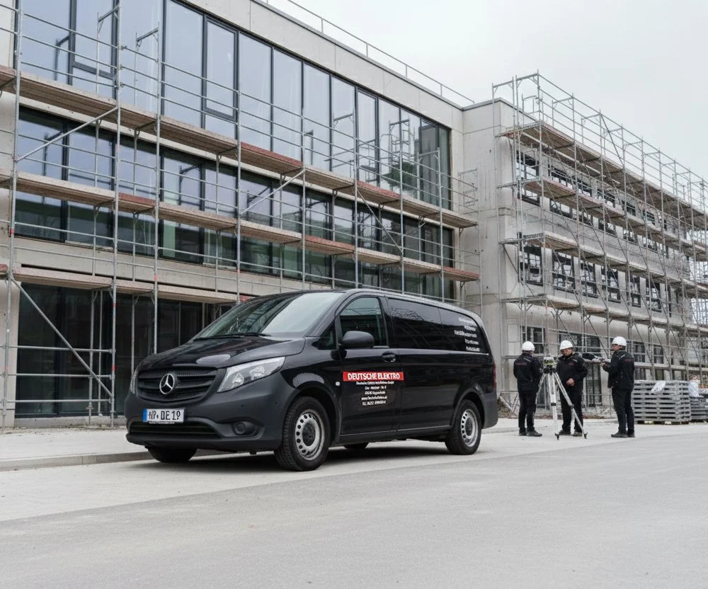 Ein schwarzer Mercedes-Benz Transporter steht vor einem Baugerüst an einem Neubau. Drei Bauarbeiter und eine Person mit Messinstrumenten arbeiten neben dem Fahrzeug.