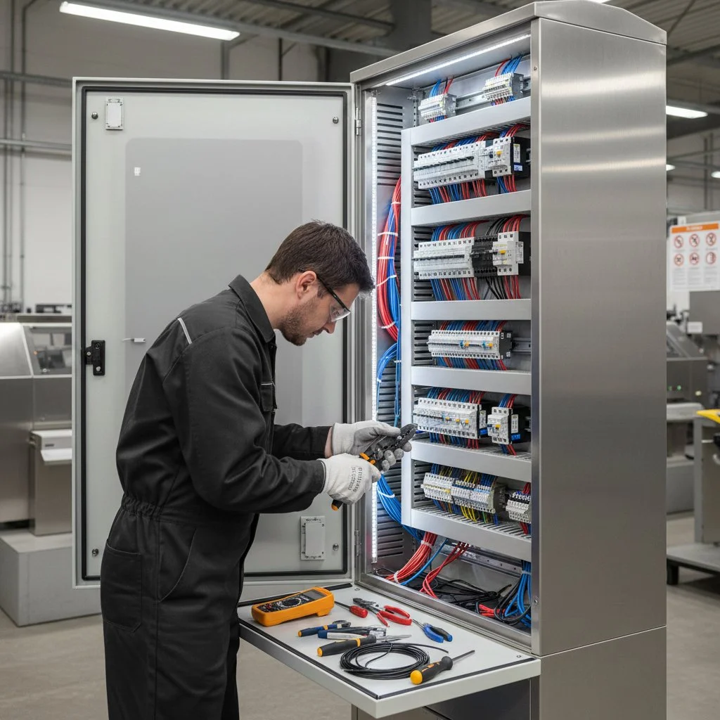 Techniker arbeitet an einer elektrischen Schalttafel mit Kabeln in einer Fabrikhalle.