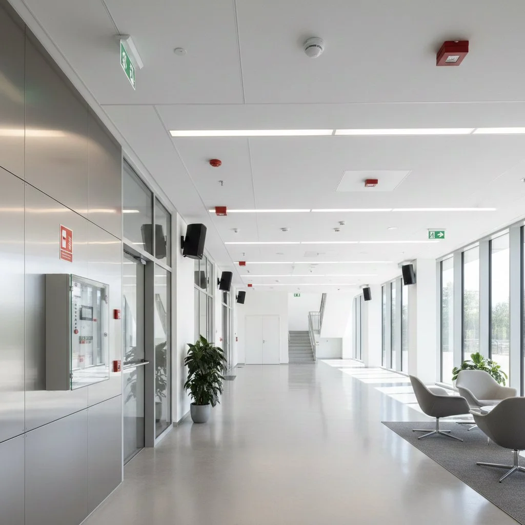 Ein heller, moderner Flur mit großen Fenstern, einigen Stühlen, Pflanzen und Sicherheits- sowie Notausgangsschildern