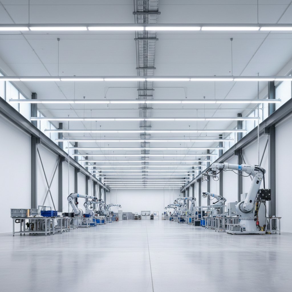 Ein leeres, modernes Industriegebäude mit mehreren Industrierobotern und Arbeitstischen, gut beleuchtet mit LED-Leuchten an der Decke.