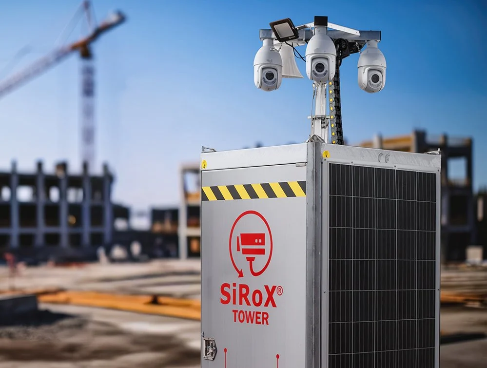 Auf einer Baustelle befindet sich eine technologische Überwachungseinrichtung mit mehreren Kameras auf einem Turm, die auf einen Baukran im Hintergrund gerichtet sind. Im Vordergrund ist eine Säule mit der Aufschrift 'SiRoX Tower' zu sehen.