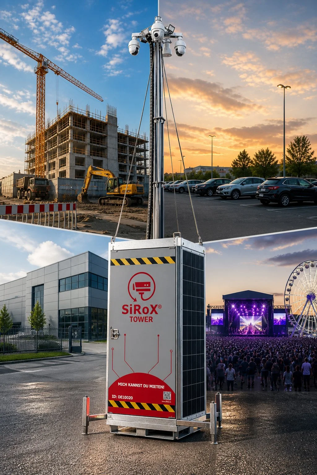 Ein Solar-Stromgenerator, der für die Stromversorgung eines Festivals genutzt wird. Im Hintergrund sind Bauarbeiten, ein Kran und ein Neubau zu sehen, während im unteren Bereich eine festliche Veranstaltung mit Bühne, Bühne, Menschenmenge und Riesenrad stattfindet.