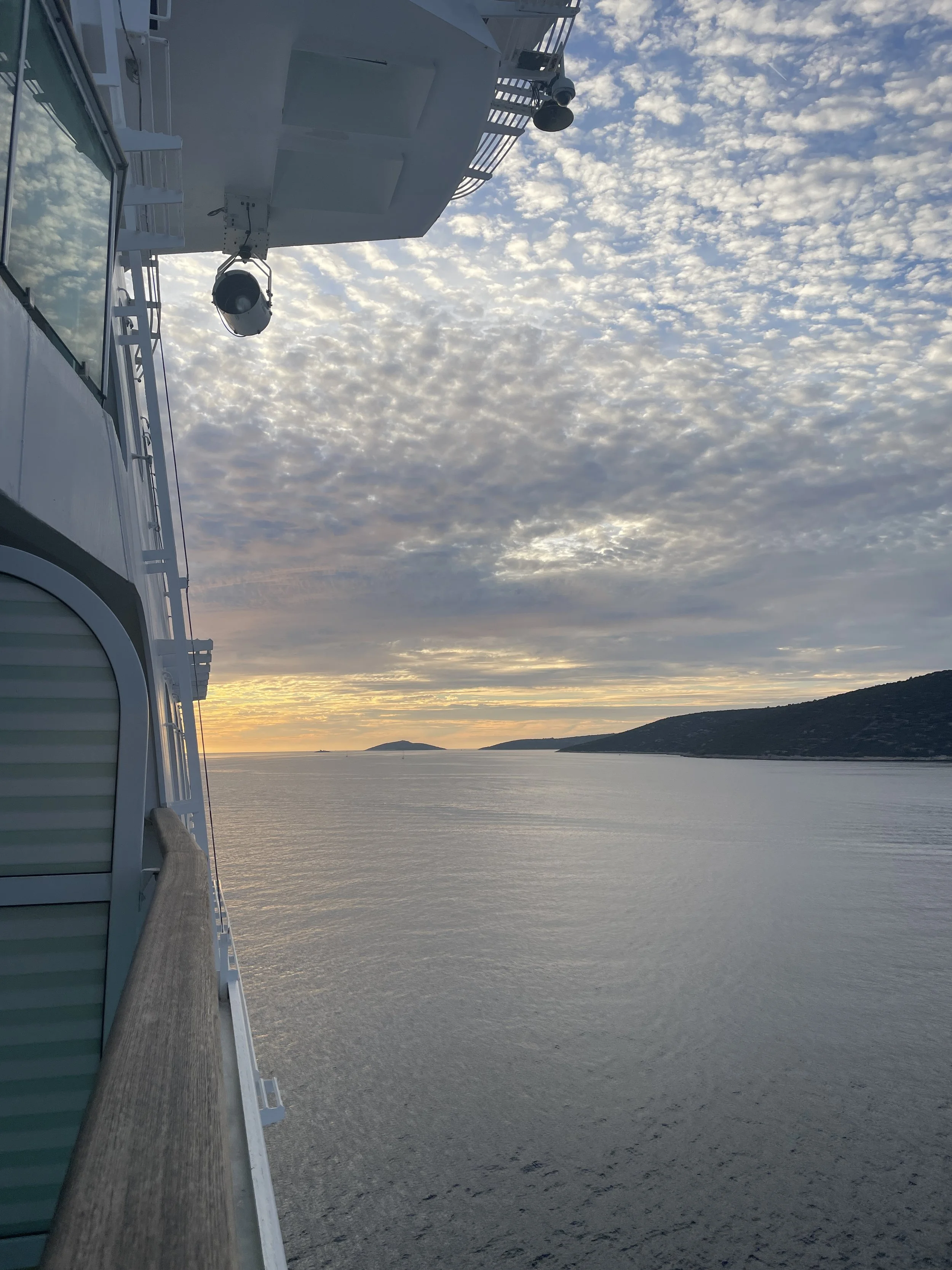 Sunset views sailing out of Split, Croatia on our Royal Caribbean cruise in the Mediterranean 