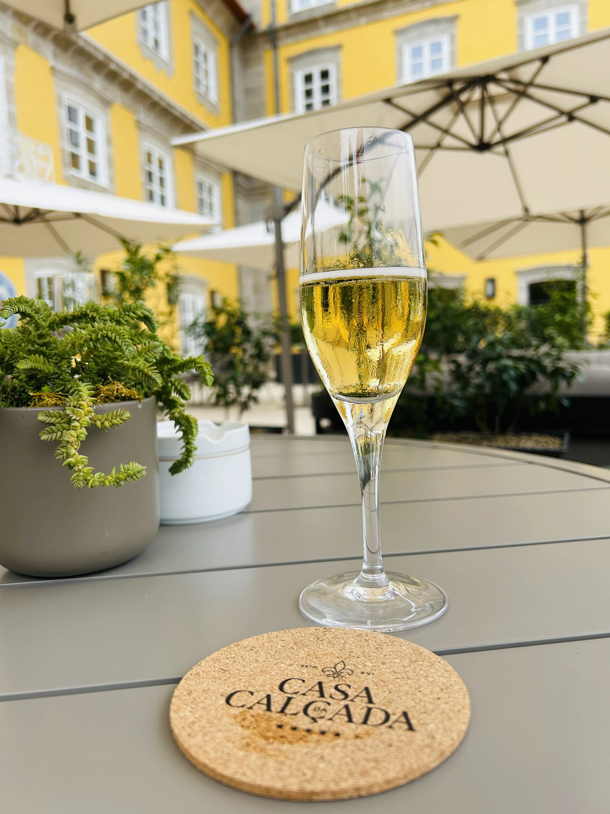 Sipping champagne at Casa da Calcada, Amarante, Portugal