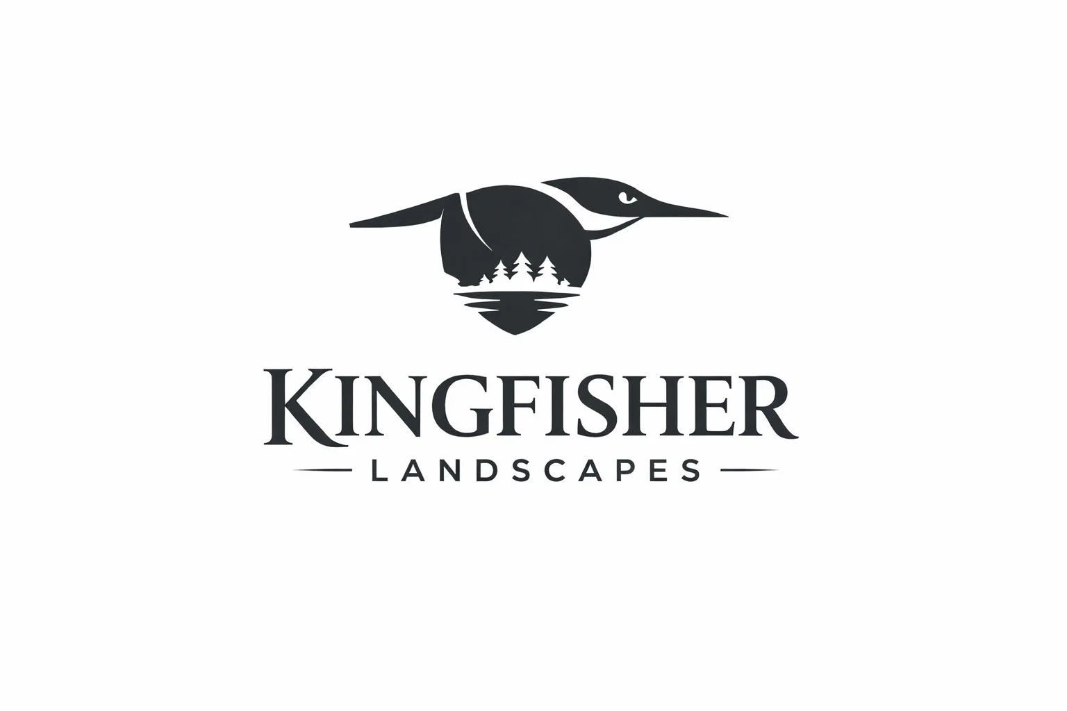 A black and white logo featuring a kingfisher bird in flight, with a landscape of trees and a body of water inside the bird's silhouette, and the words 'KINGSFISHER LANDSCAPES' below.