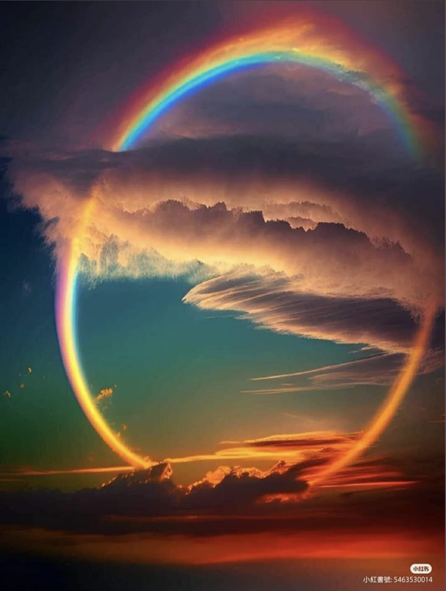 A colorful rainbow and a glowing halo in a dramatic sky with dark clouds and the setting sun.