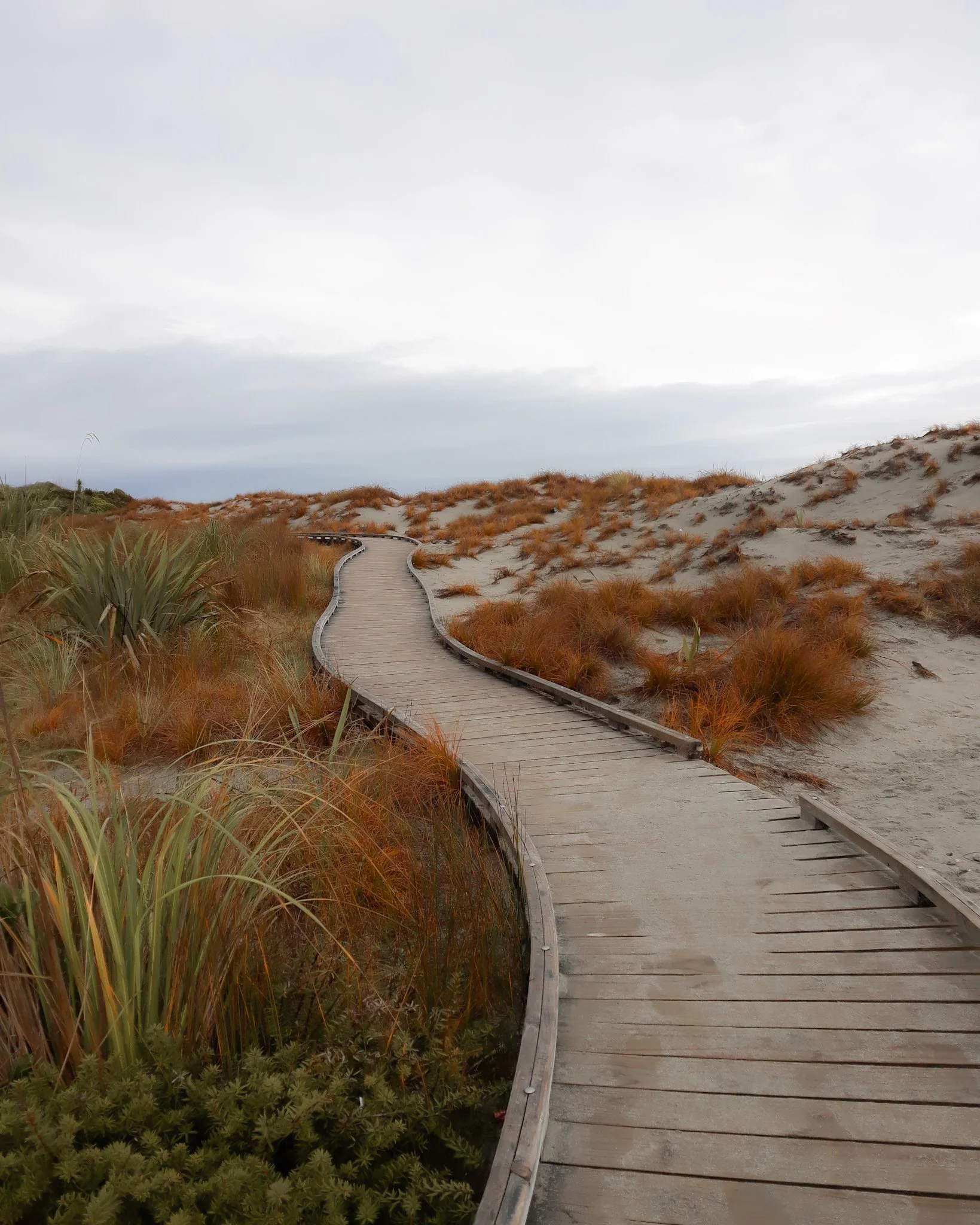 A wooden boardwalk winding through sandy dunes with sparse grass and vegetation on a cloudy day.