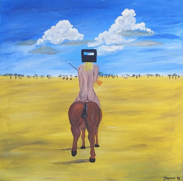 Alias Ned Kelly 1999 - acrylic on cotton canvas (signed J Thomas, Maiden name) 66 x 66cm