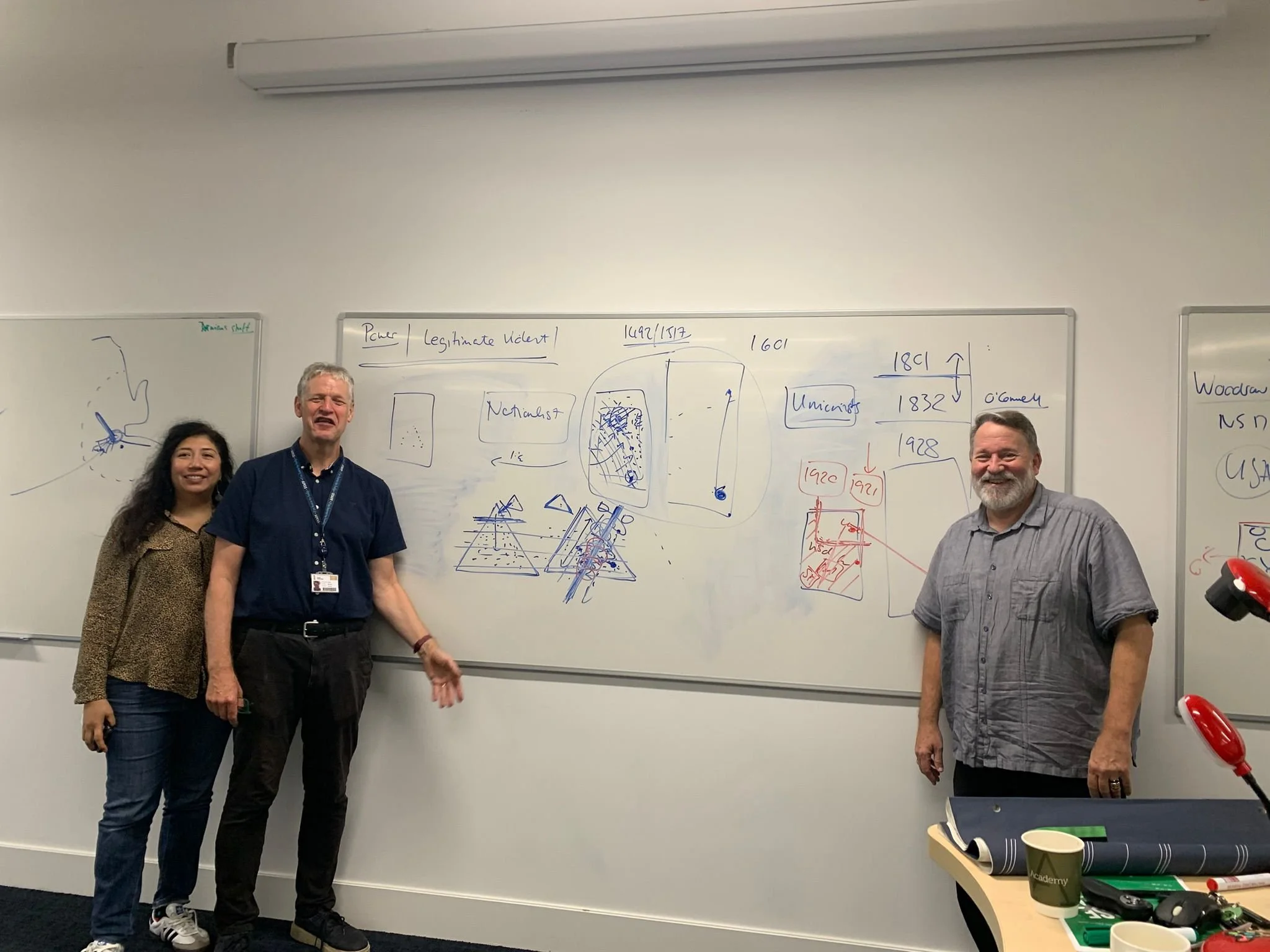 Three people standing in front of a whiteboard filled with handwritten notes and diagrams. The woman on the left has long dark hair and is wearing a brown top, the man in the middle has short gray hair and is wearing a navy shirt, and the man on the 