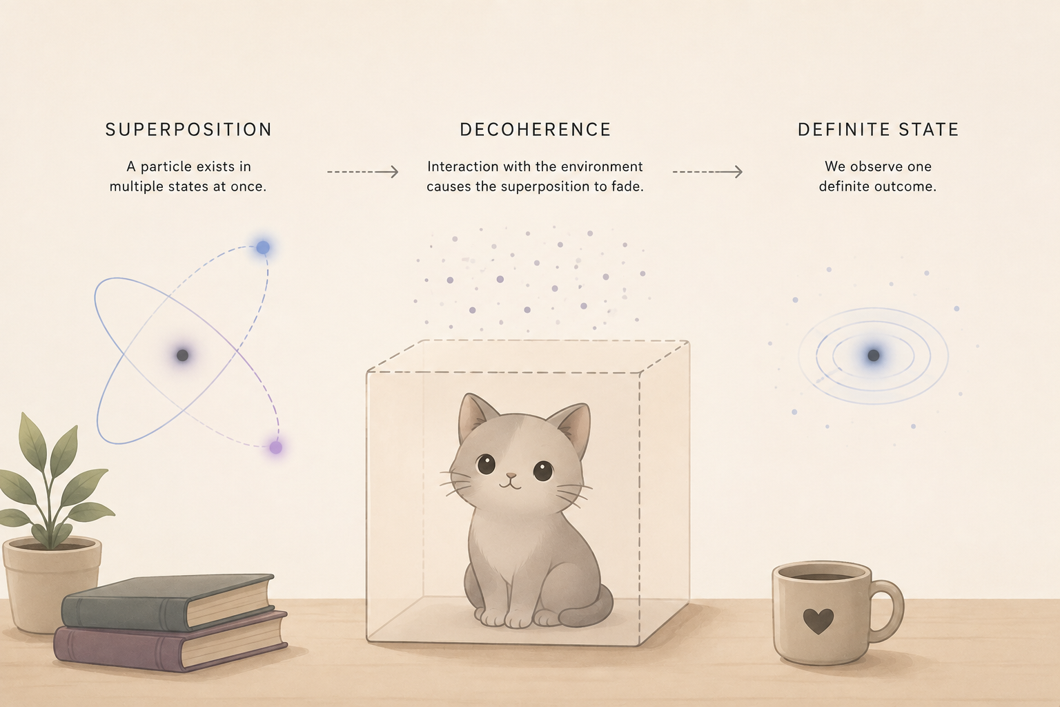 Minimalist illustration of a cat surrounded by particle diagrams showing the transition from quantum superposition through decoherence to a definite state.
