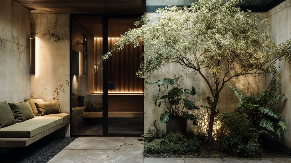 Innenhof mit Sitzbank, Pflanzen und Bäumen in einem modernen Wohnhaus