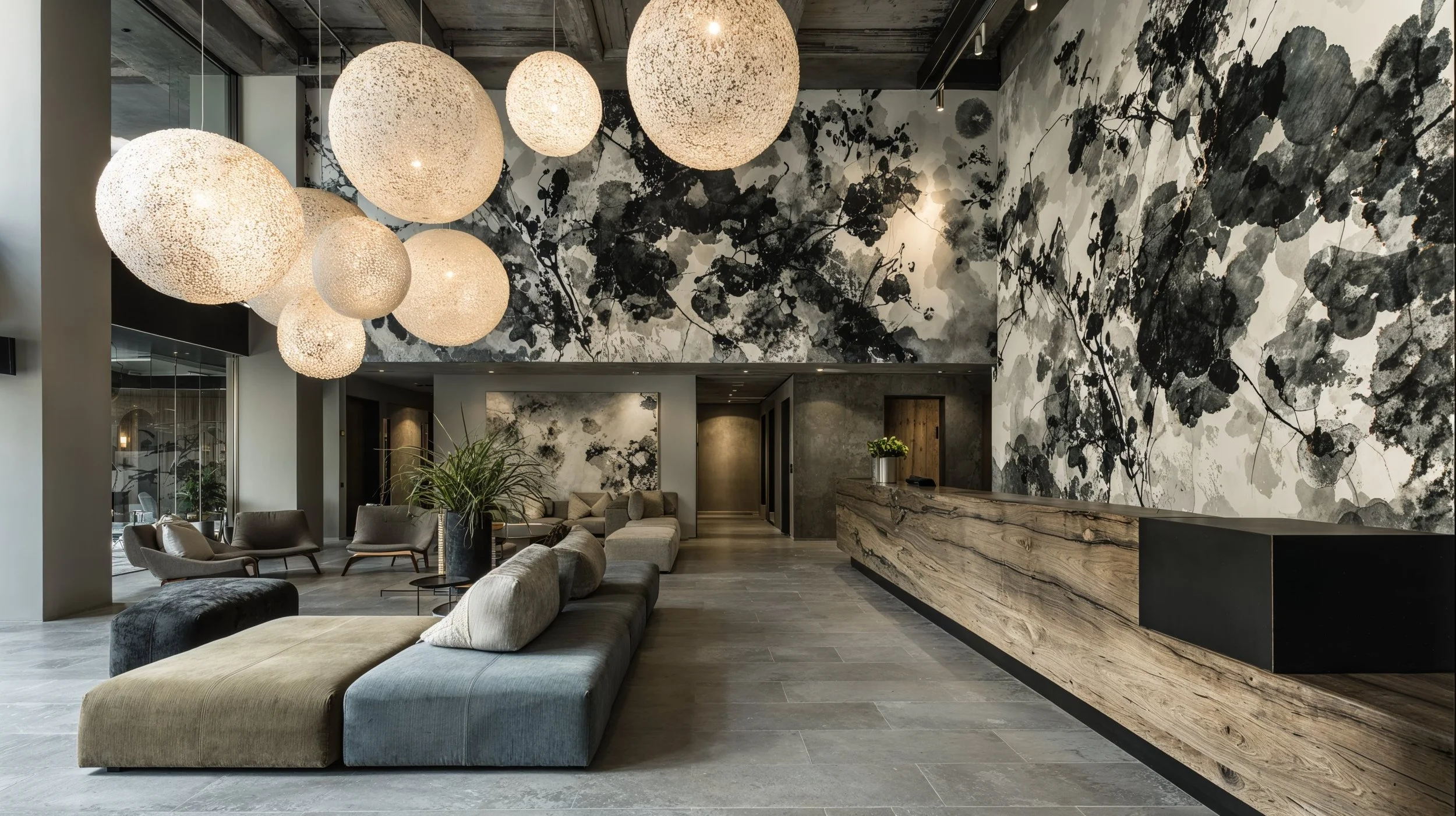 Akustiktapete in einer modernen Hotellobby zur Verbesserung der Raumakustik und Markenwirkung