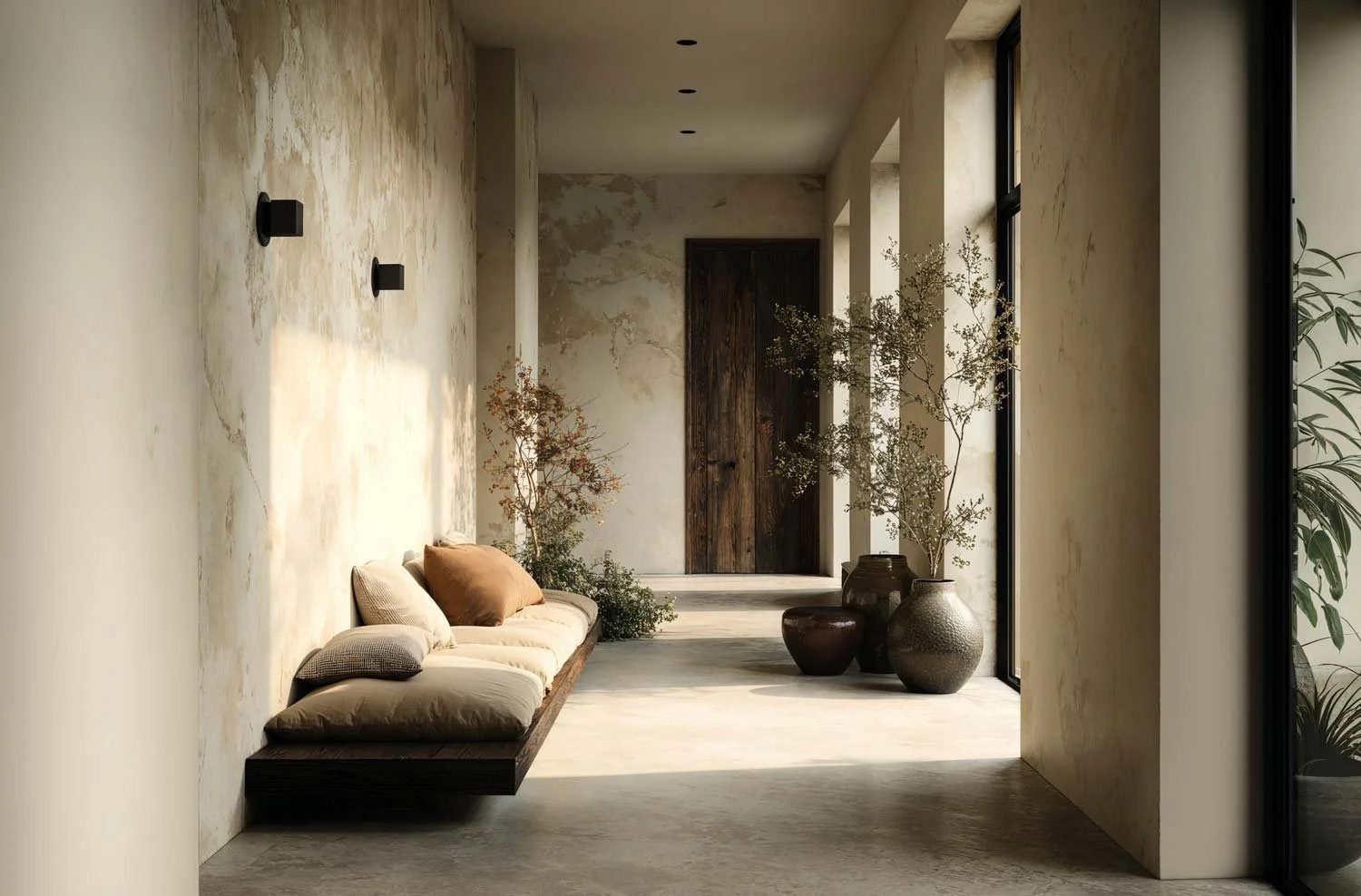 Gedämpfte Innenansicht eines minimalistischen Flurs mit einer Wandnische, darin ein niedriger Sitz mit Kissen, mehrere Topfpflanzen in großen Töpfen, eine Holz-Diele am Ende des Flurs, dunkle Türen, große Fenster mit natürlichem Licht, gedeckte Wandf