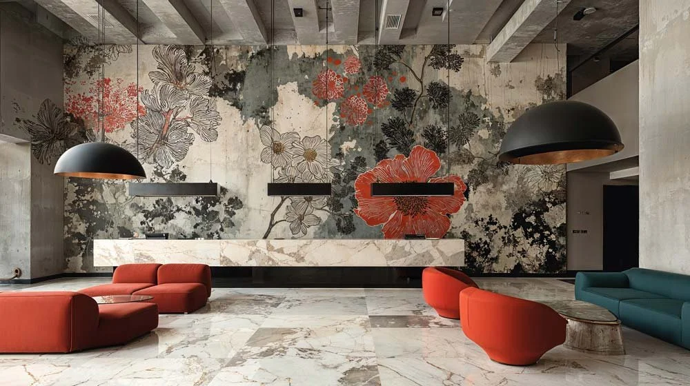 Lobbyschlafzimmer mit großem Wandbild aus Blumenmuster, modernen Sofas in Rot und Grün, Vasen und großen schwarzen Lampen.