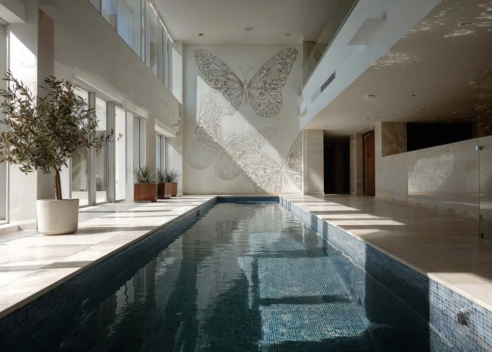 Innenansicht eines eleganten Pools in einem Hotel oder Spa mit Sonnenlicht, das durch große Fenster strömt, und Wanddekoration mit Schmetterlingsmustern.