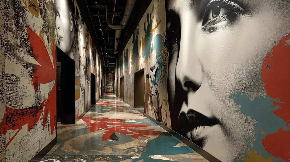 Lange Flur mit großen Wandgemälden, darunter ein großes Porträt einer Frau im Schwarz-Weiß-Design und bunte Street-Art-Elemente