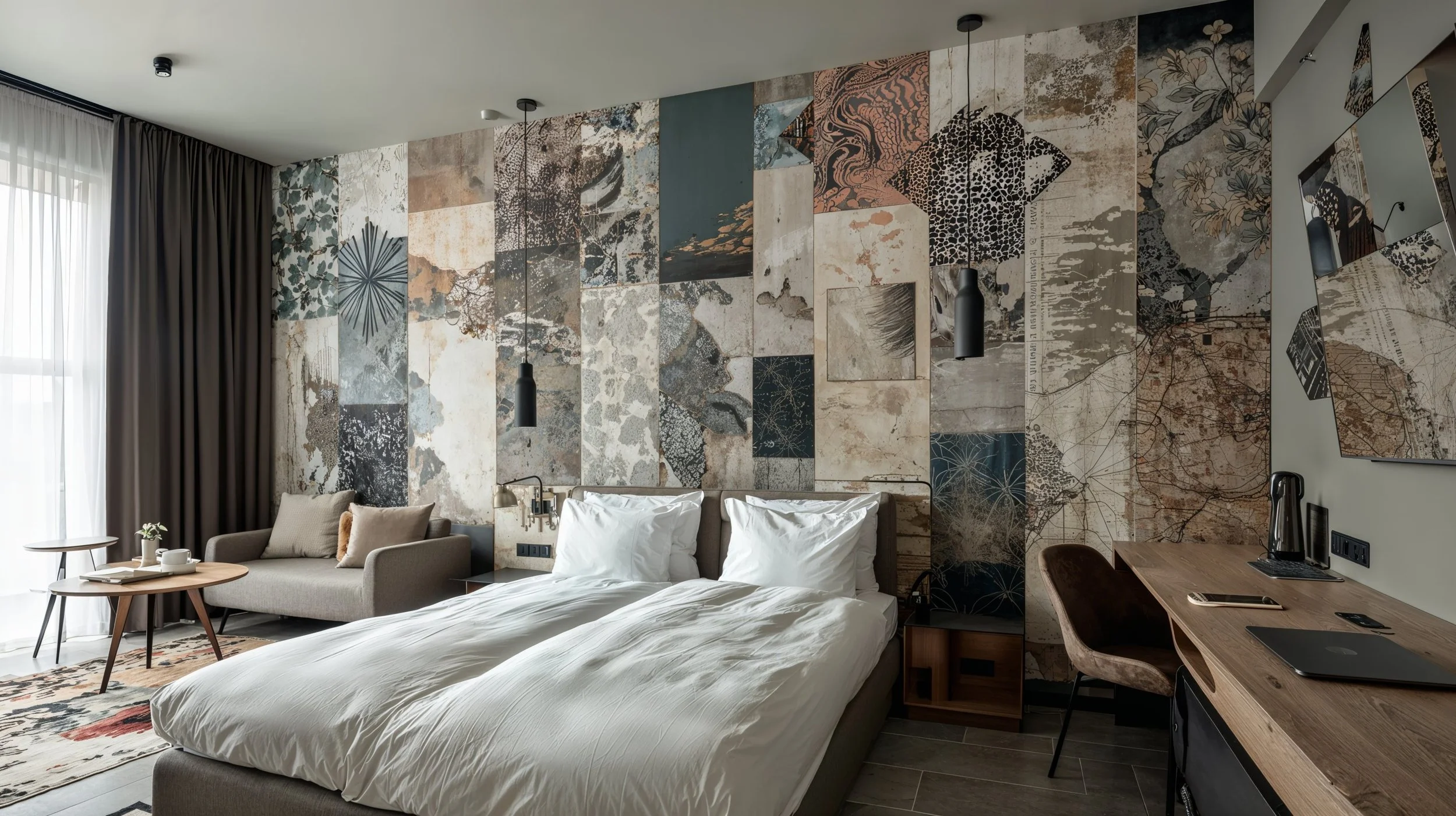 Hotelzimmer mit Doppelbett, Sofa, Schreibtisch, Wanddekoration aus Gemälden im Geometrie-Stil und Tageslicht von Fenstern auf der linken Seite.
