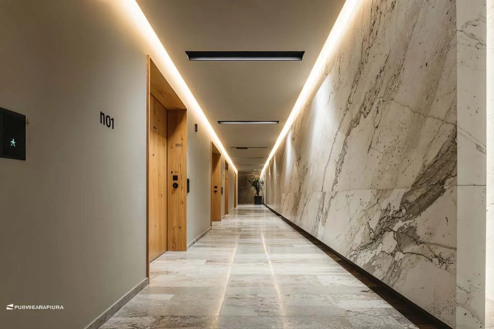 Ein moderner Flur in einem Gebäude mit weißen Wänden, Holzaufzügen auf der linken Seite, einem Marmorfussboden und einer beleuchteten Decke, die den Korridor lang führt.