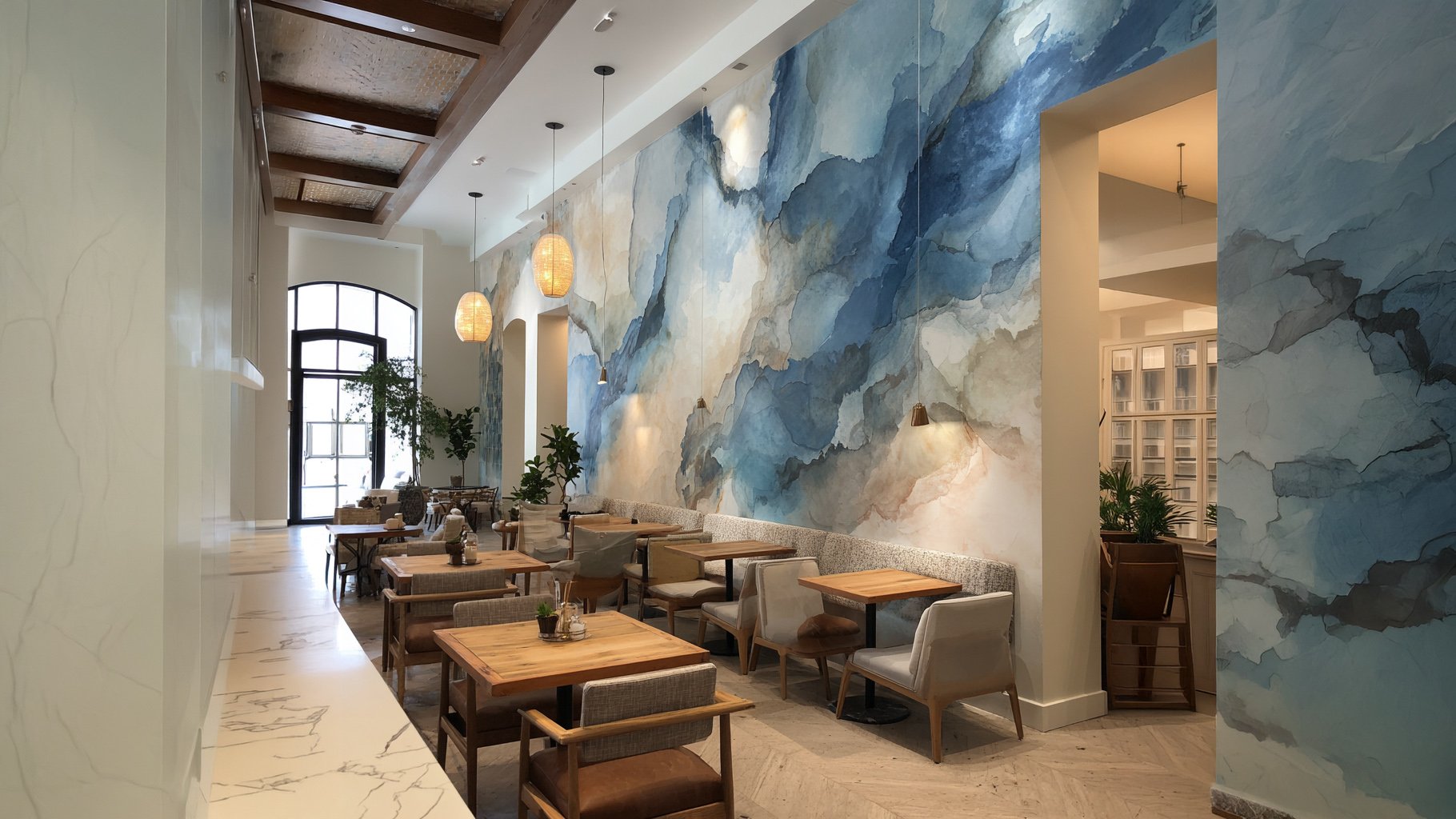 Akustiktapete im Hotel-Restaurant mit moderner Wandgestaltung und verbesserter Raumakustik