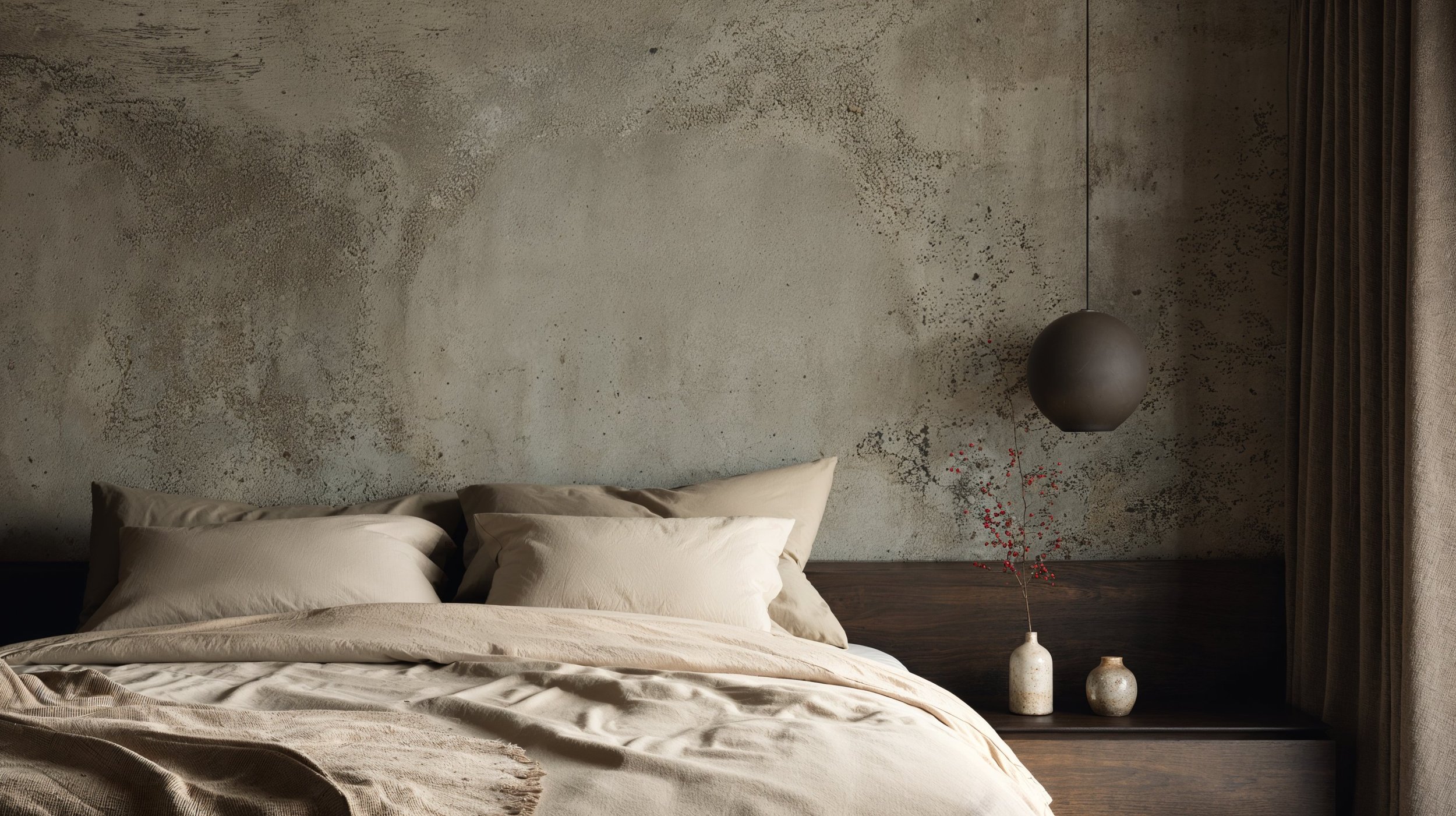 Ein gemütliches Schlafzimmer mit einem Bettrahmen aus Holz, beige Bettwäsche und Kissen. Eine Wand mit einer rauen, grauen Oberfläche und drei Keramikvasen mit Zweigen stehen auf einem Nachttisch neben einem schwarzen, runden Hängeleuchten. An der re