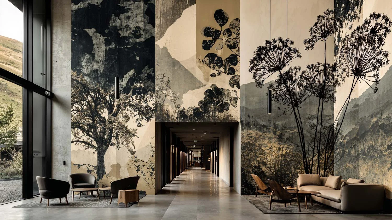 Nahtlos fortgeführte Akustiktapete im Übergangsbereich eines Hotels