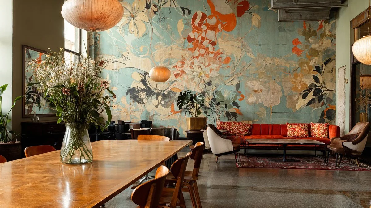 Ein elegantes Wohnzimmer mit bunten, floral verzierten Wänden, einer großen Vase mit Blumen auf einem Holztisch, einem roten Sofa, Sesseln und Pflanzen.