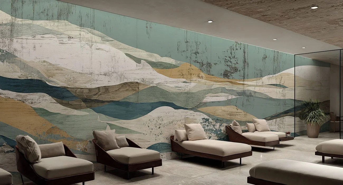 Moderne Lobby mit abstract floral Wandkunst, bequemen Lounge-Sesseln und Pflanze