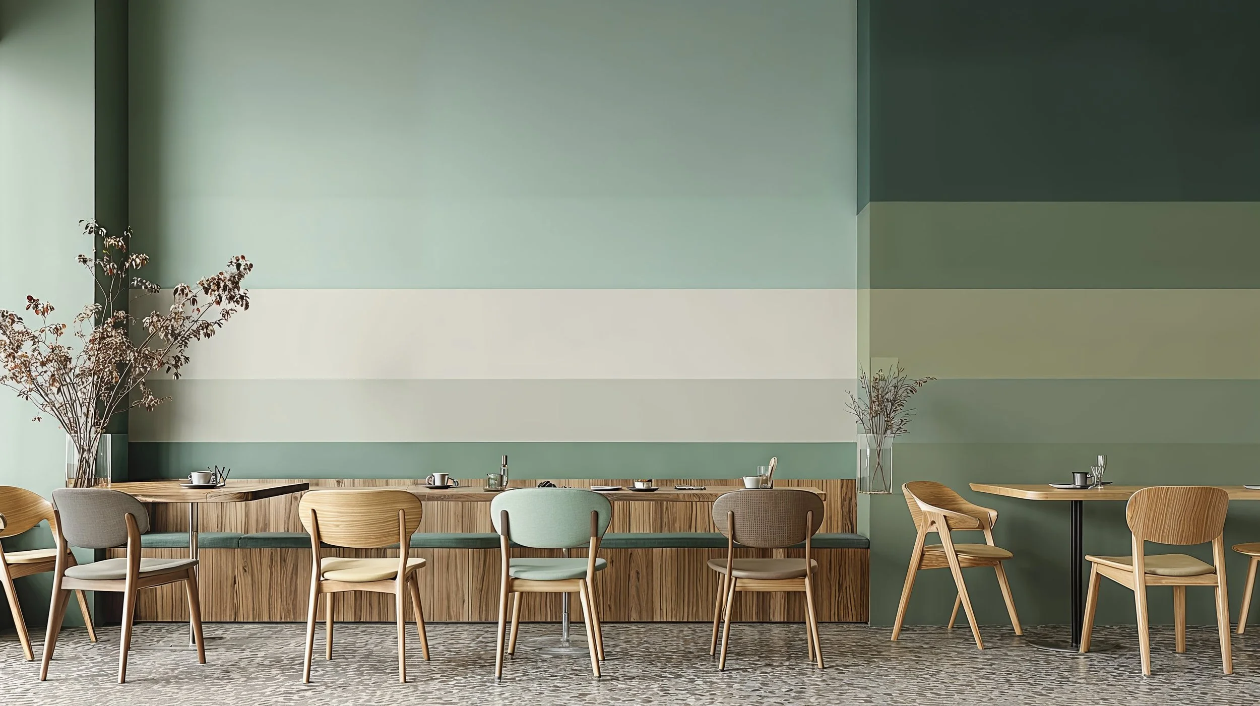 Eleganter Frühstücksraum mit grünen Wänden, Holztischen und passenden Stühlen, dekoriert mit Vasen und Geschirr, Teppichboden