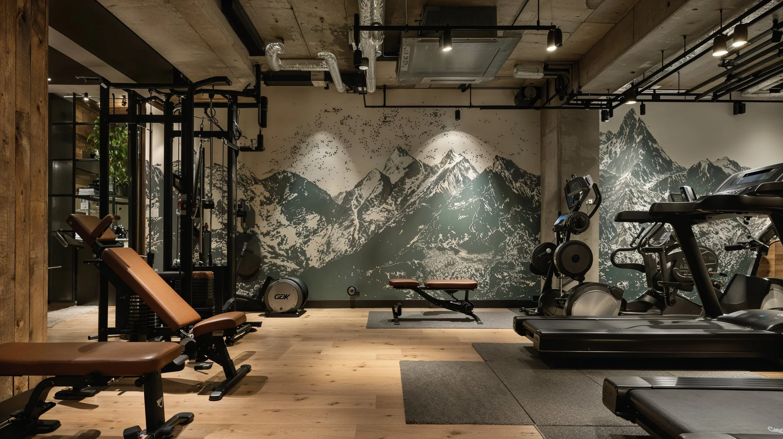 Ausgestatteter Fitnessraum mit Bergen an der Wand als Wandbild, Holzboden, Trainingsgeräte wie Laufbänder, Hantelbank, Skisitz und ein stationäres Fahrrad.