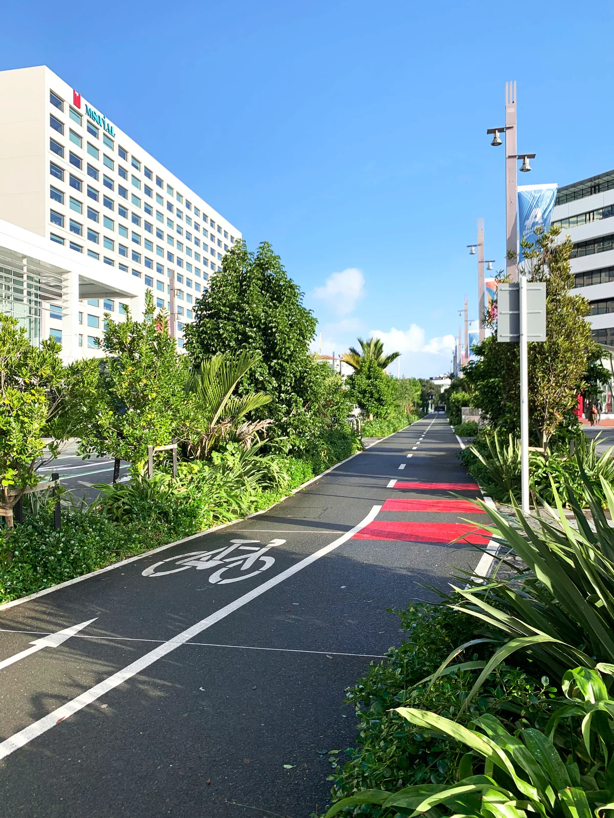 A bike lane on a city street with green plants on both sides, tall modern buildings, and a blue sky.