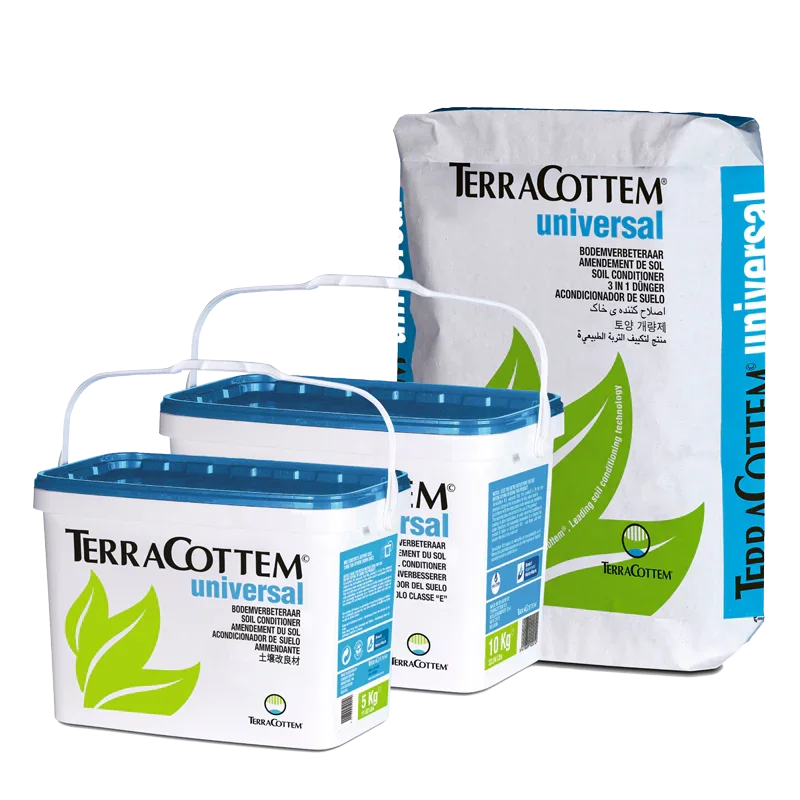 Two white and blue buckets of TerraCottem universal soil conditioner, each with a handle, alongside a large bag of TerraCottem universal soil conditioner in the background.