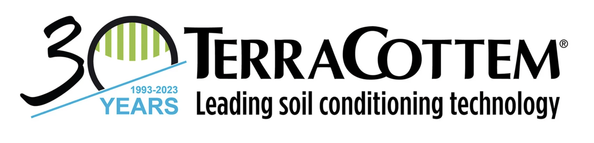 Logo celebrating 30 years of TerraCottem soil conditioning technology, featuring a stylized number 30 with a circular emblem and the text '1993-2023 YEARS', and the tagline 'Leading soil conditioning technology'.