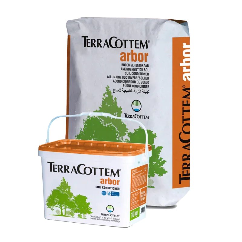 A bag and a container of TerraCottem arbor soil conditioner for gardening, with a green tree illustration on both packages.